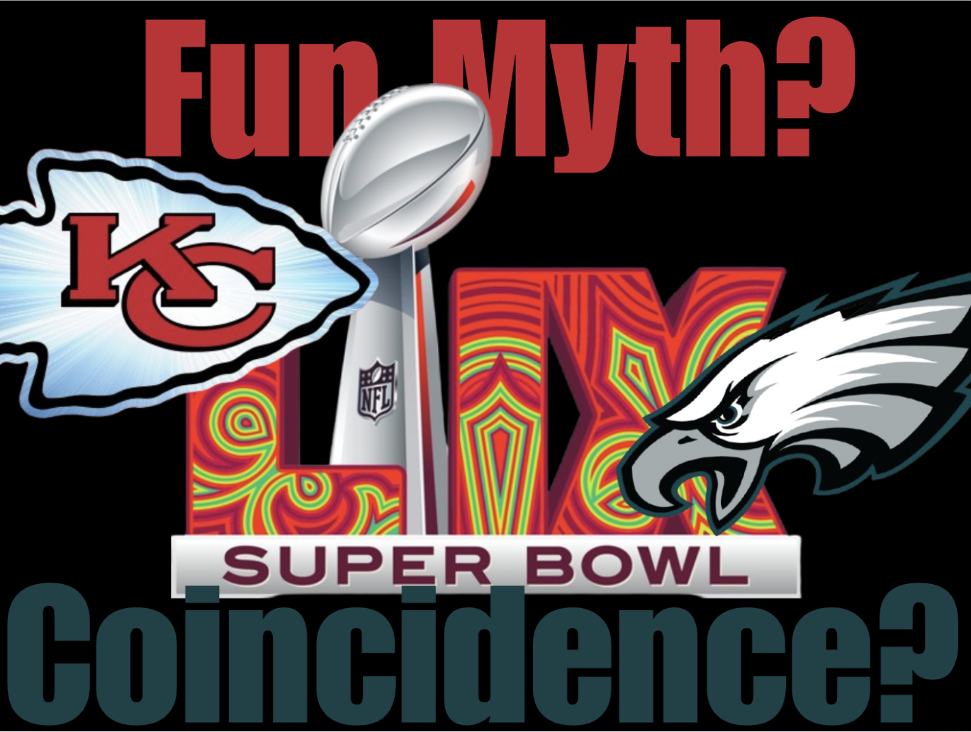 Graphic of the Super Bowl 59, Kansas City Chiefs, and Philadelphia Eagles logo.